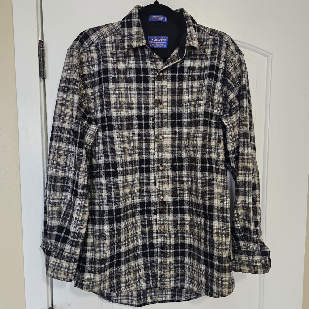 Mens Pendleton Vintage Button Down Plaid Wool M Lodge Shirt Grey
